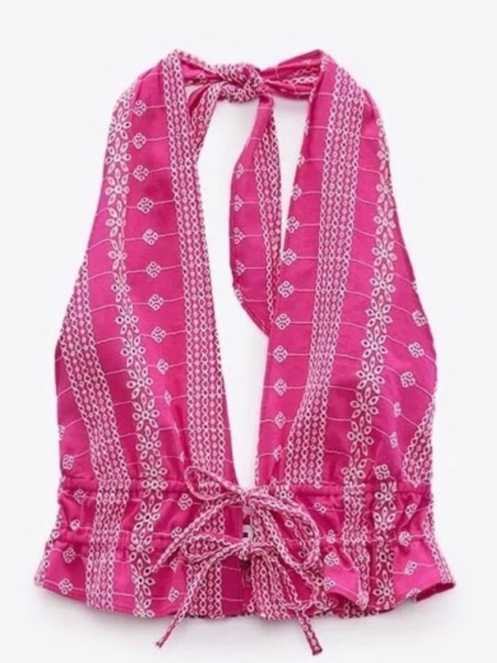 ZARA Fuchsia Embroidered Halter Tie-Back Top